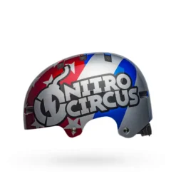 Bell Local BMX/Skate Helmet - Nitro Circus Gloss Silver/Blue/Red -Castelli Store bell local bmx skate helmet nitro circus gloss silver blue red left 3
